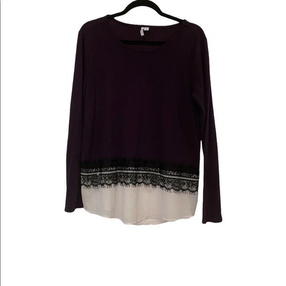 ELLE Women's Lace Trim Mock-Layer Top - Large - Picture 2 of 7